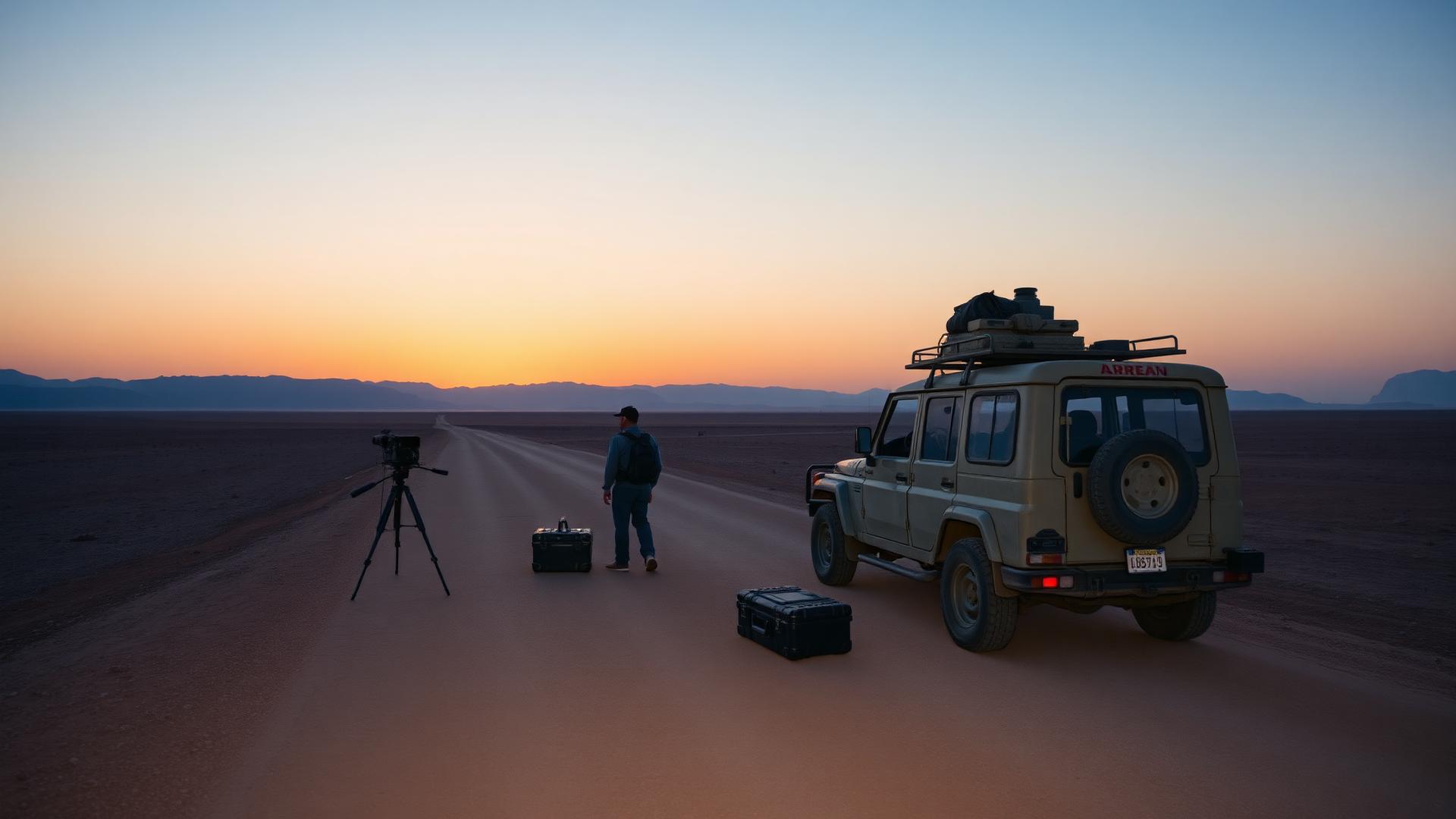 Small production crew with camera and vehicle on a remote desert road at dusk